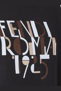Fendi women’s oversize black cotton sweatshirt with bold white and brown embroidered Fendi Roma 1925 logo tee design