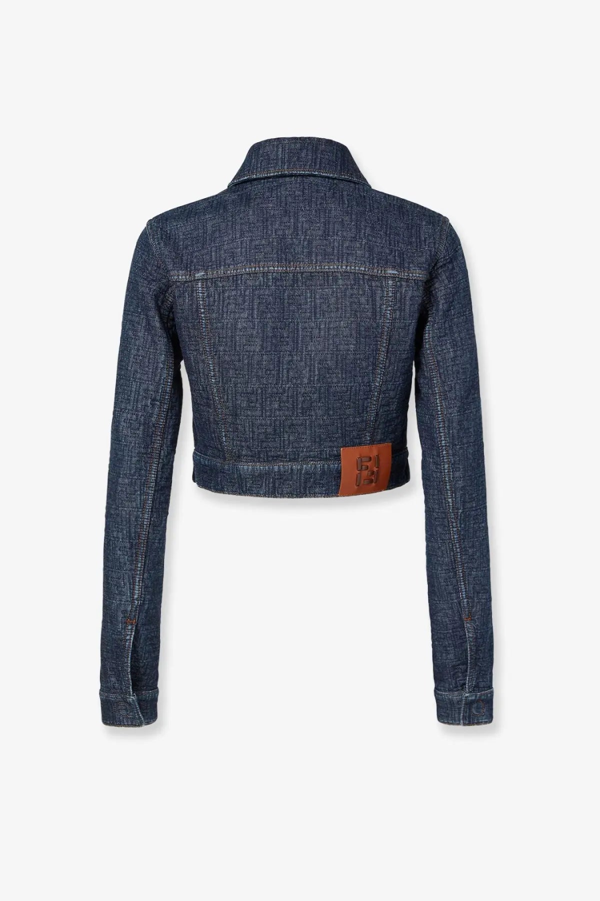 Dark blue denim crop jacket with collar and brown leather patch at waist from Fendi women’s padded denim jacket blue