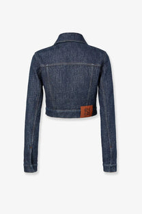Dark blue denim crop jacket with collar and brown leather patch at waist from Fendi women’s padded denim jacket blue