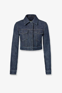 Fendi women’s blue padded denim jacket featuring a dark blue cropped design with a classic collar and two front pockets