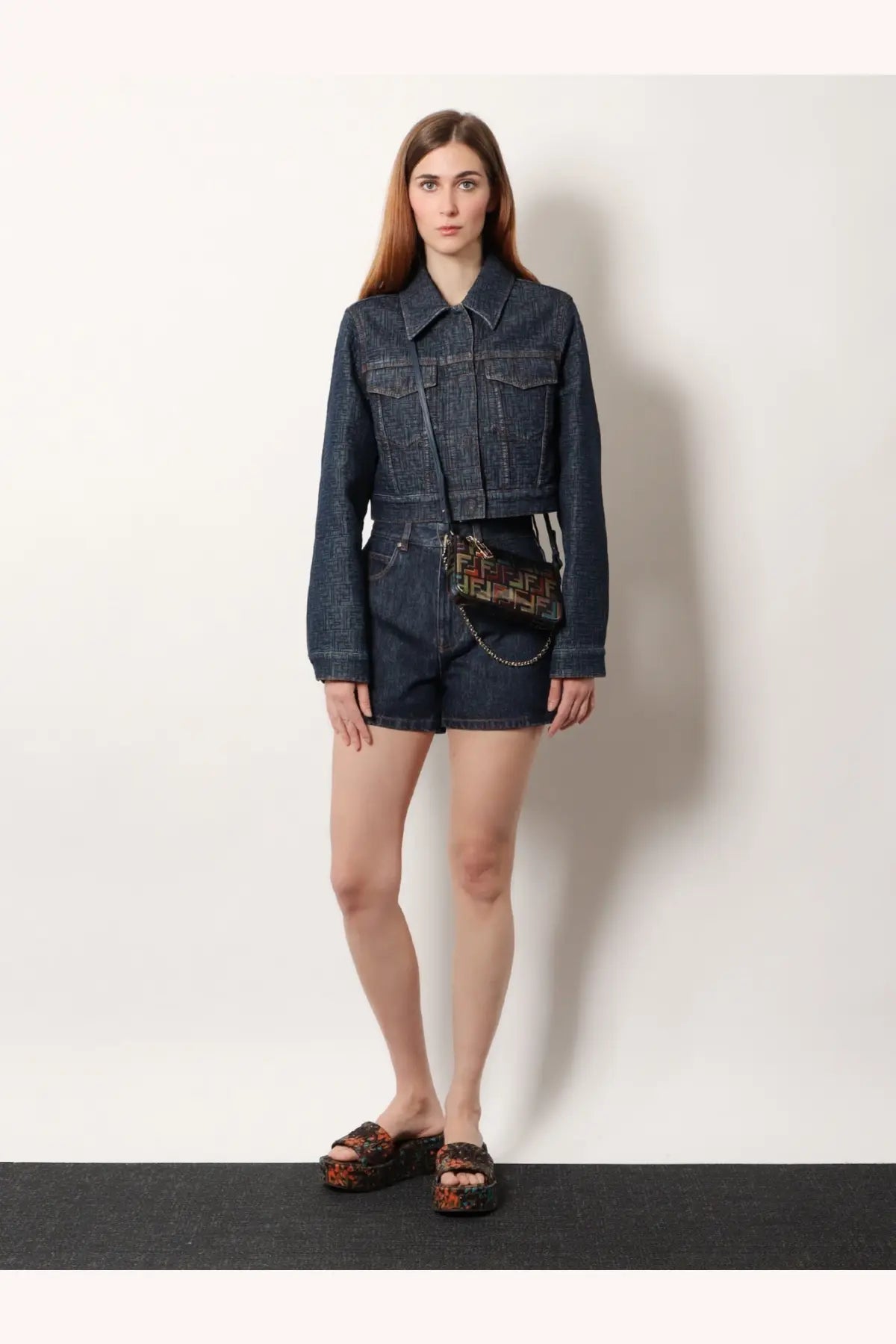 Fendi women’s dark blue padded denim jacket with collar and two front pockets in denim material