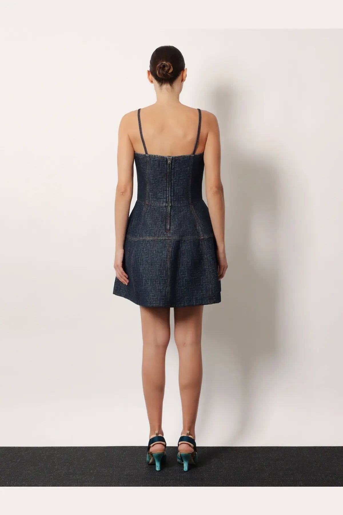 Fendi women’s padded dark blue denim mini dress with thin straps fitted bodice and flared hem