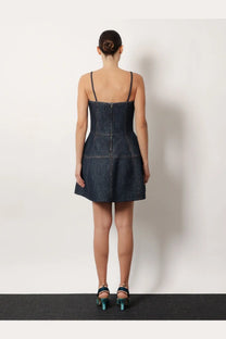Fendi women’s padded dark blue denim mini dress with thin straps fitted bodice and flared hem