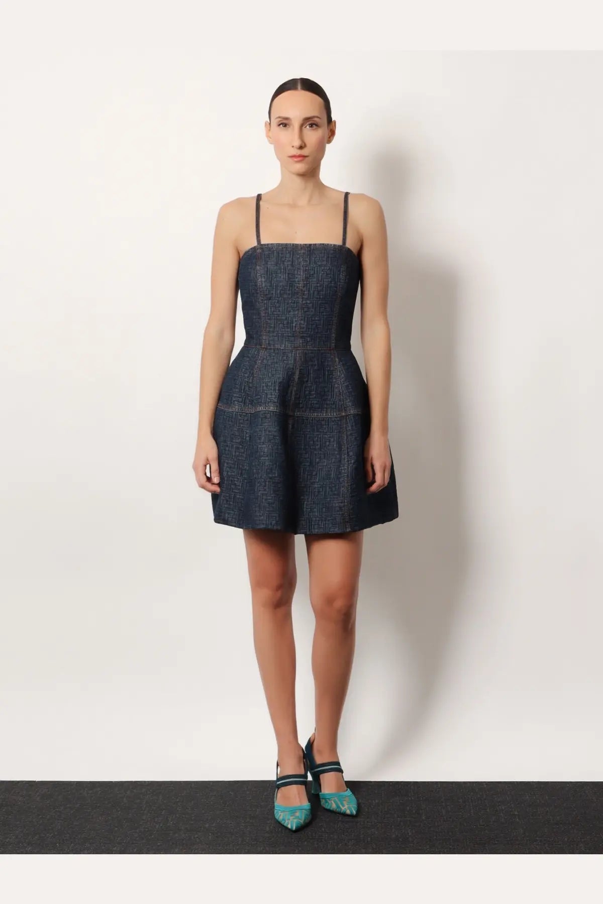 Fendi women’s navy blue denim padded mini dress with structured bodice flared skirt and thin straps