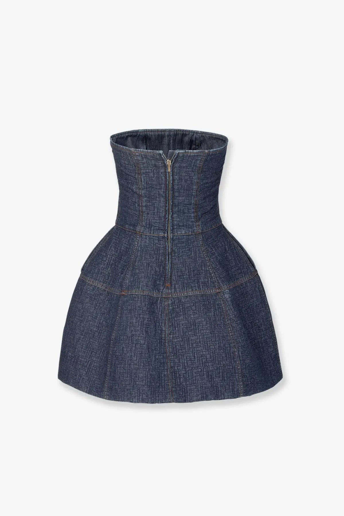 Fendi women’s blue padded denim mini dress with structured high-waisted corset bodice and flared a-line skirt