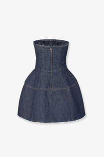 Fendi women’s blue padded denim mini dress with structured high-waisted corset bodice and flared a-line skirt
