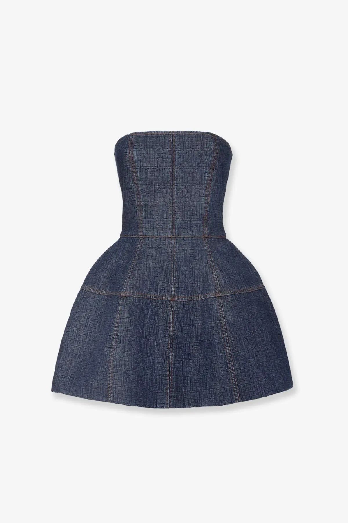 Fendi women’s blue strapless padded denim mini dress with fitted bodice and tiered flared skirt