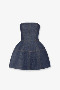 Fendi women’s blue strapless padded denim mini dress with fitted bodice and tiered flared skirt