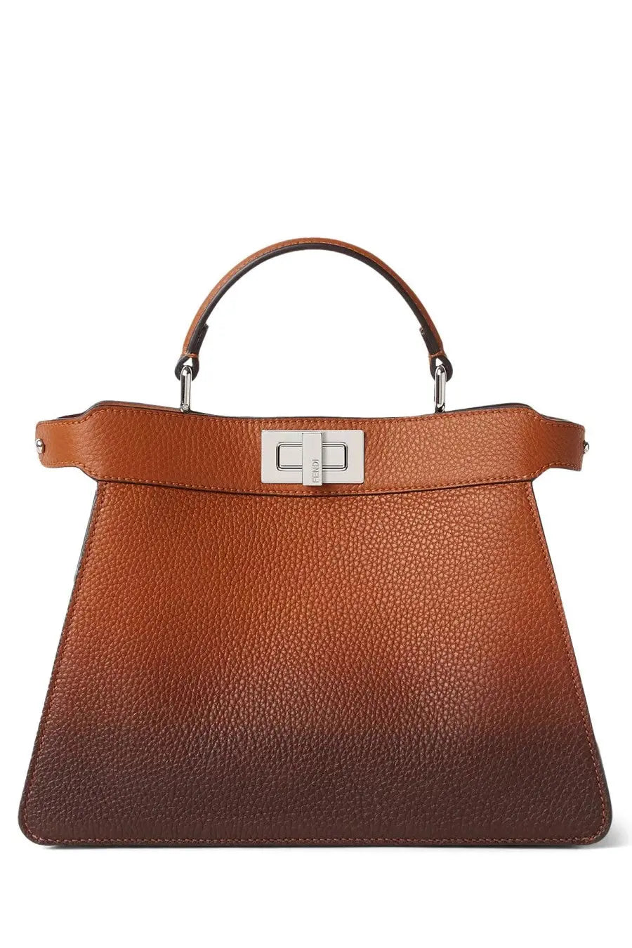 Fendi women’s peekaboo Iseeu bag in brown pebbled leather with silver-tone metal clasp displayed front view