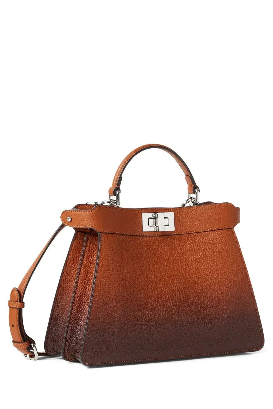 Fendi women’s peekaboo iseeu bag in brown tan-to-brown gradient pebbled leather with silver-tone clasp and top handle