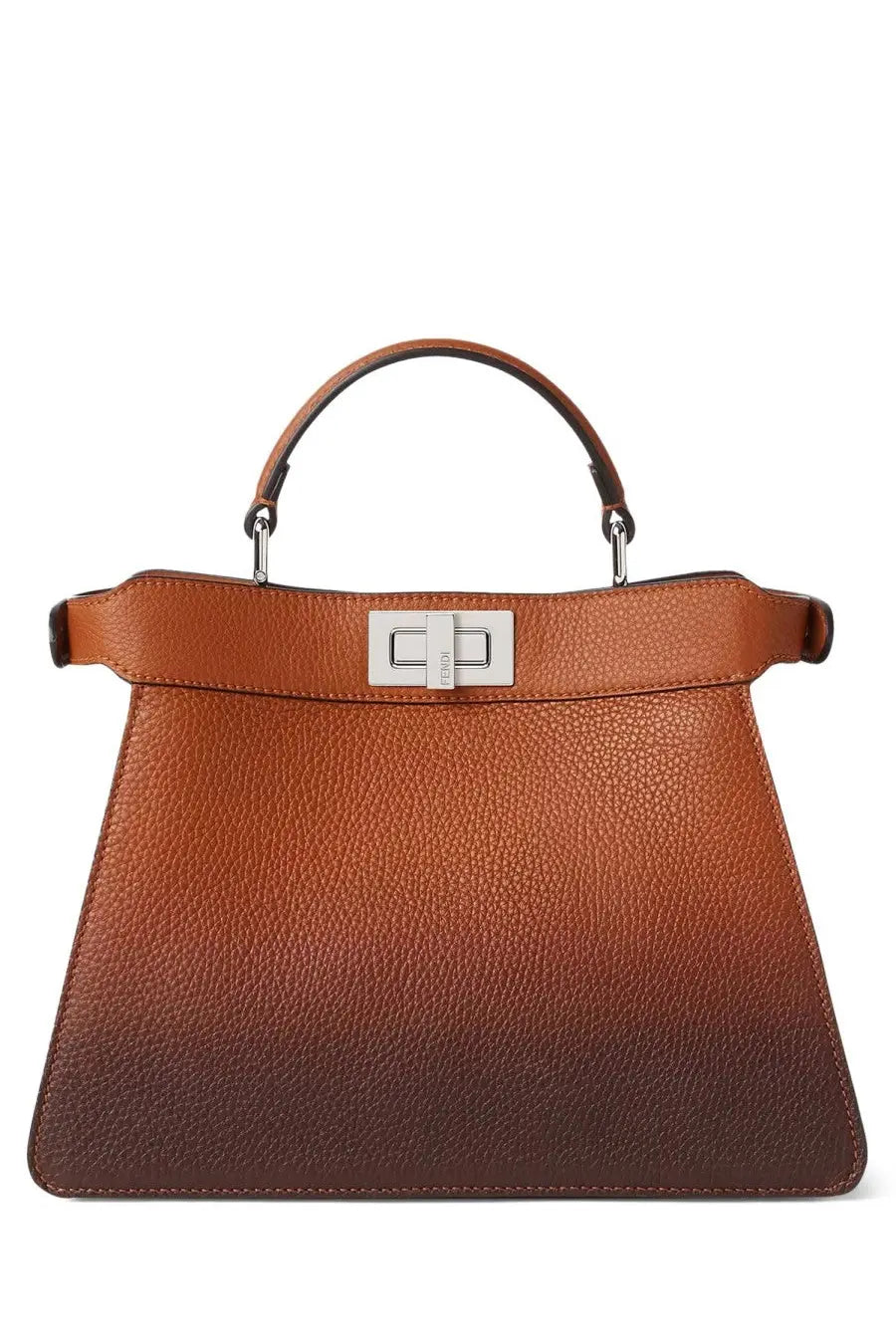Fendi women’s peekaboo isseeu bag in tan to brown gradient pebbled leather with silver metal clasp and top handle