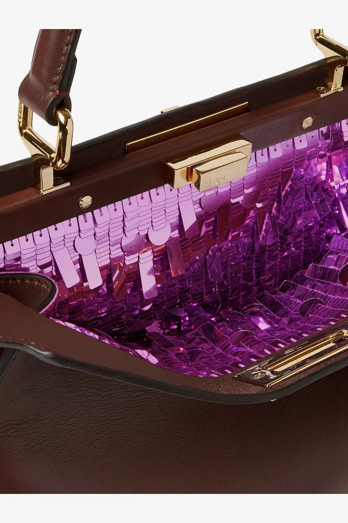 Fendi women’s peekaboo iseeu medium leather handbag mogano with iridescent purple sequin interior lining