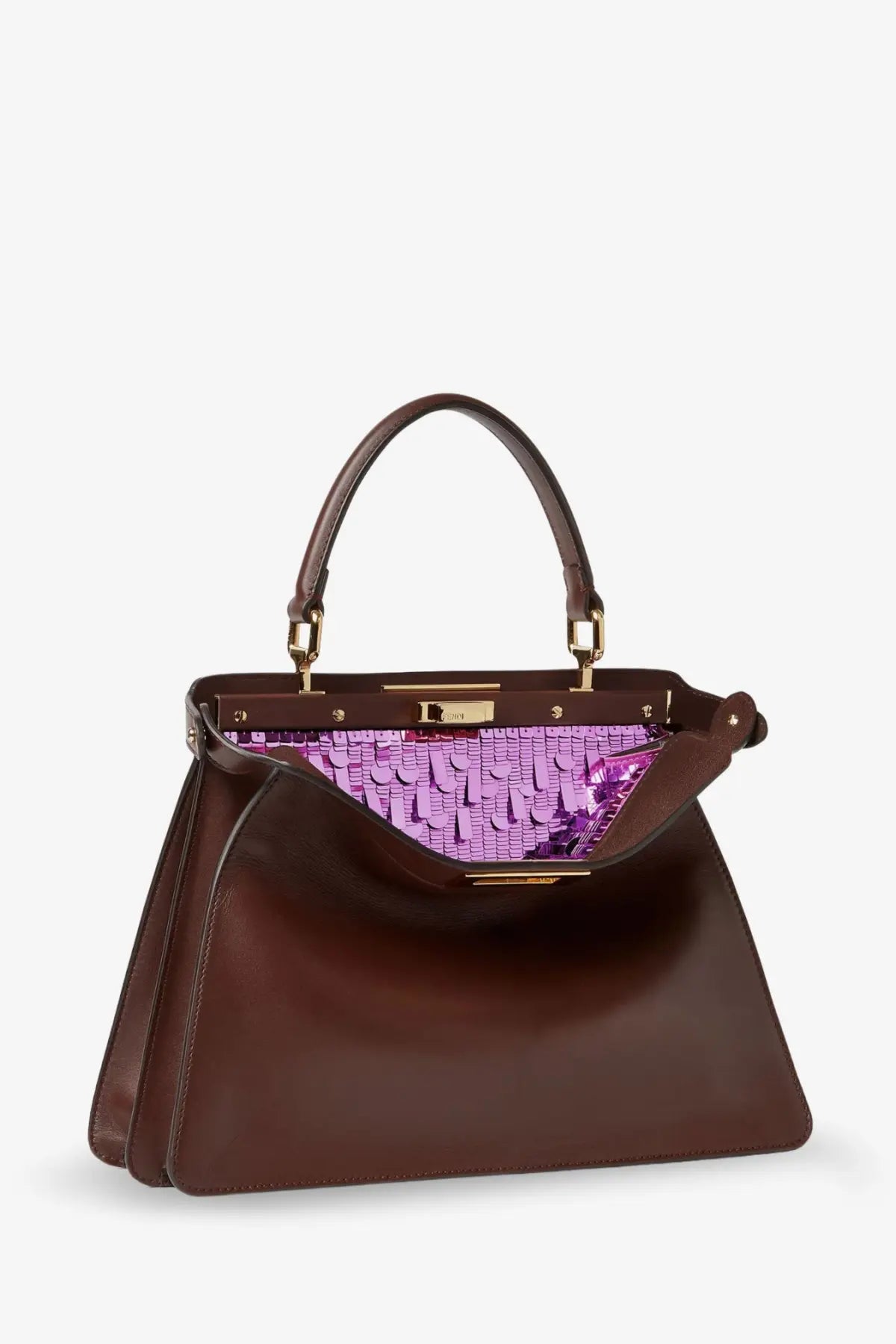 Fendi women’s peekaboo iseeu medium brown leather handbag with vibrant purple sequined interior and gold-tone hardware