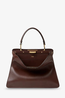 Fendi women’s peekaboo iseeu medium brown leather handbag with gold-tone hardware and top handle in mogano anemone