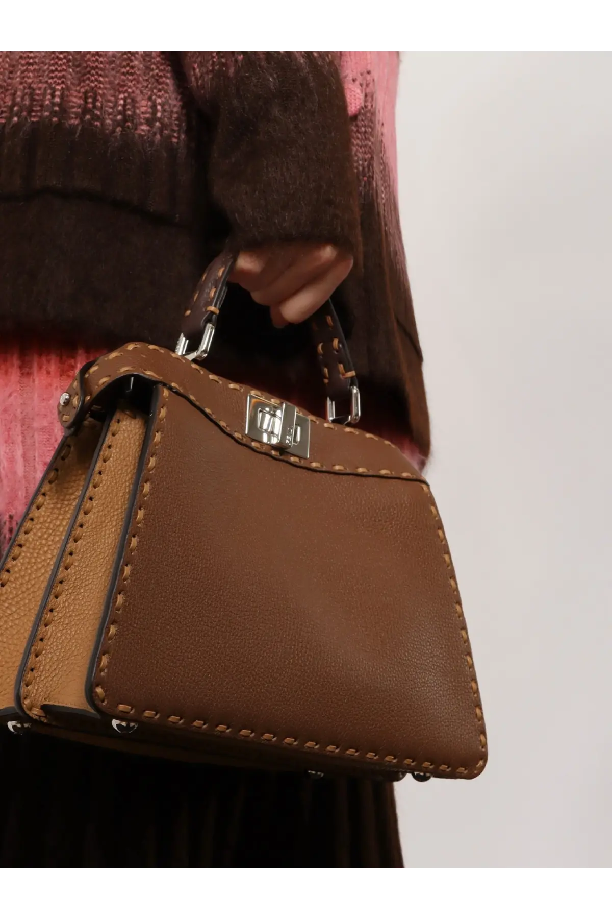 Fendi women’s peekaboo iseeu small leather shoulder bag in brown with contrasting tan panels and silver-tone hardware