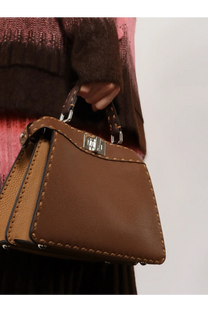 Fendi women’s peekaboo iseeu small leather shoulder bag in brown with contrasting tan panels and silver-tone hardware