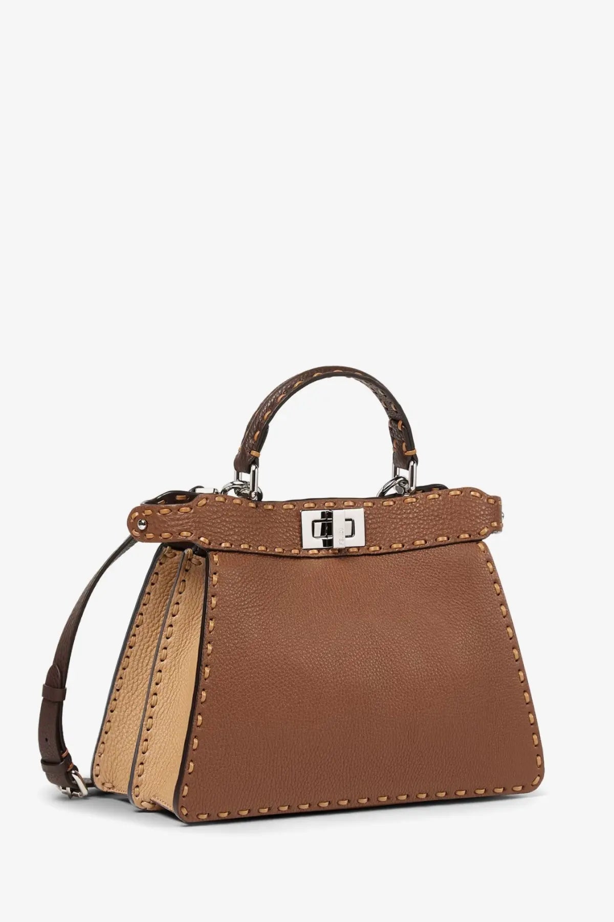 Fendi women’s peekaboo iseeu small brown leather shoulder bag with contrasting tan panels and silver-tone hardware