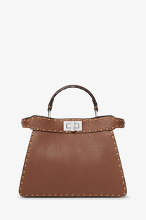 Brown pebbled leather fendi peekaboo isseeu small shoulder bag with silver hardware and top handle for women