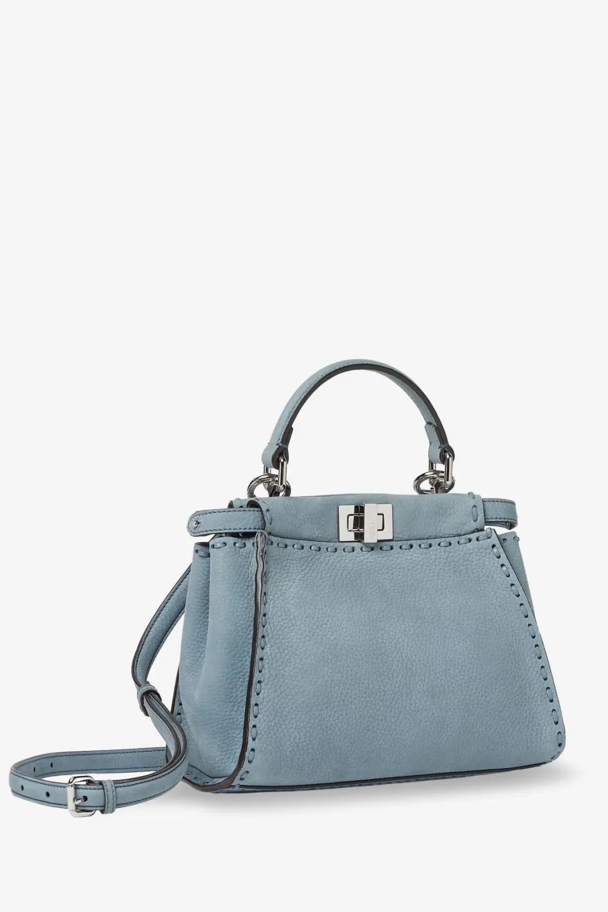 Fendi women’s peekaboo mini leather crossbody bag in light blue textured leather with silver-tone hardware and top handle