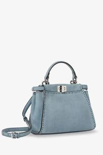 Fendi women’s peekaboo mini leather crossbody bag in light blue textured leather with silver-tone hardware and top handle
