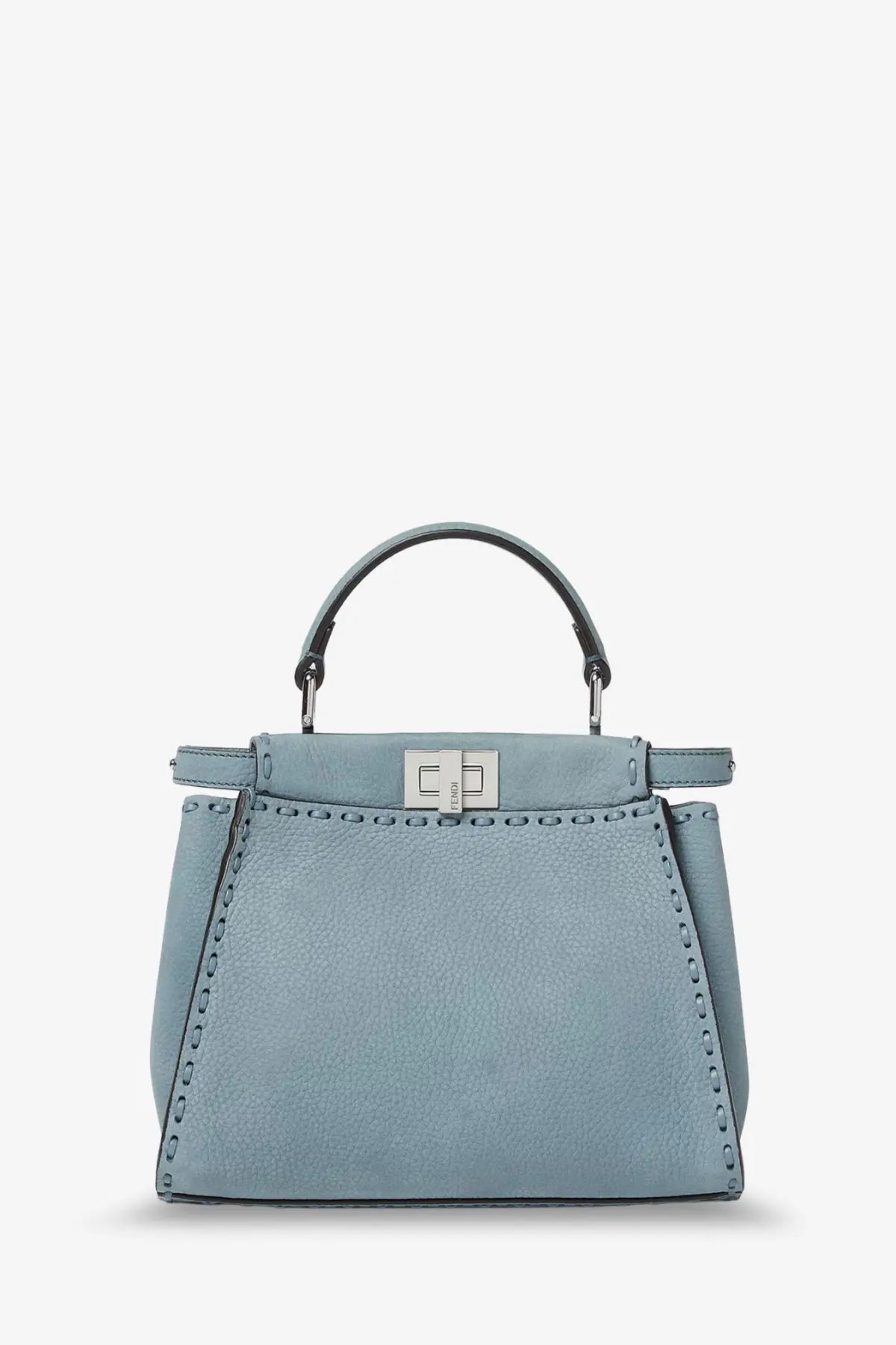 Fendi womens peekaboo mini leather crossbody bag in light blue textured leather with silver clasp and black handle