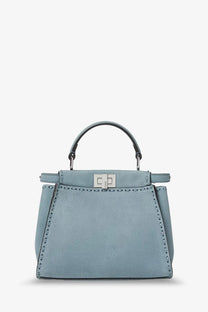 Fendi womens peekaboo mini leather crossbody bag in light blue textured leather with silver clasp and black handle