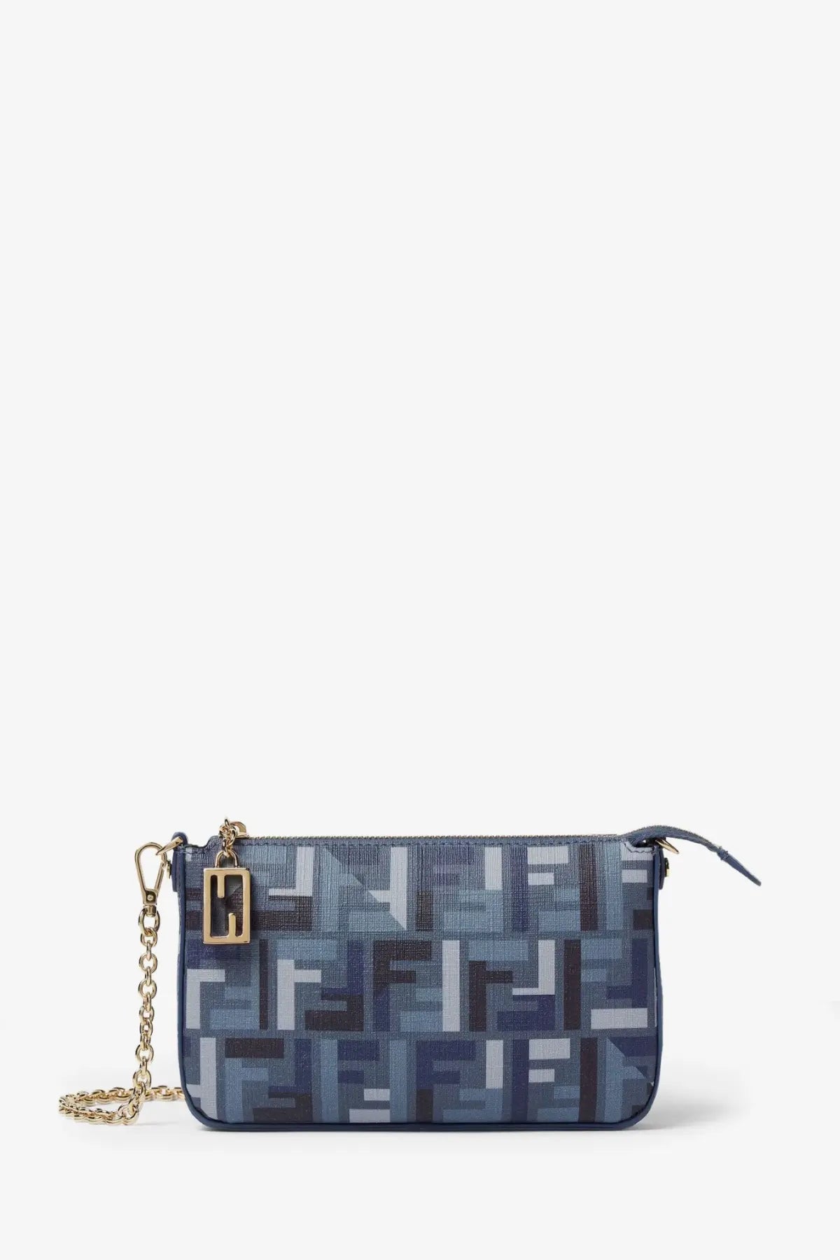Fendi women’s pouch baguette shoulder bag in blue jacquard fabric with repeating ff logo and gold-tone chain strap