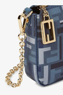 Fendi women’s pouch baguette mini bag in blue and gray geometric jacquard fabric with gold chain strap and logo clasp