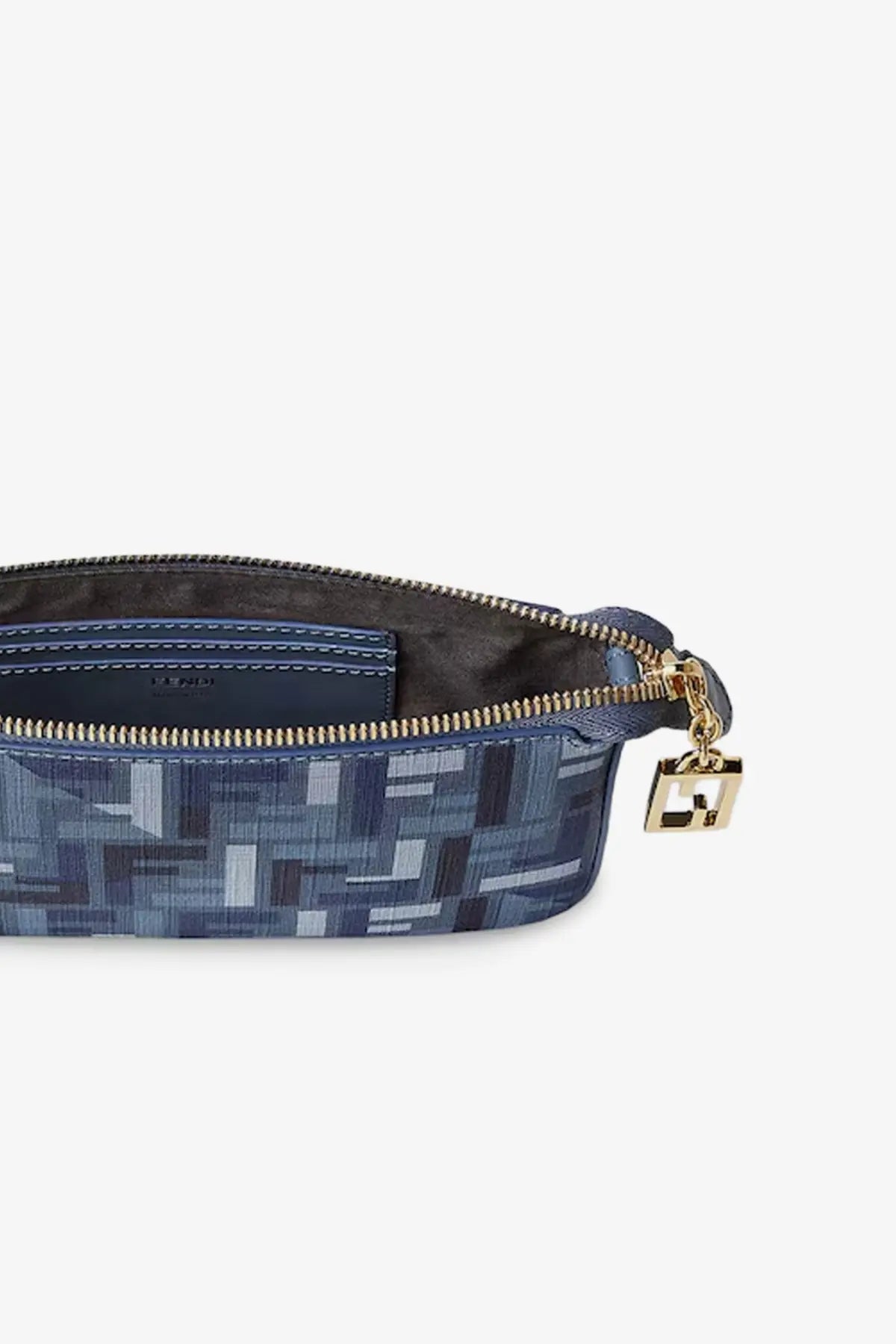 Fendi women’s blue pouch baguette shoulder bag in jacquard fabric with geometric pattern and gold-tone hardware