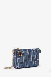 Fendi women’s pouch baguette shoulder bag in blue jacquard fabric with ff logo pattern and gold-tone chain strap