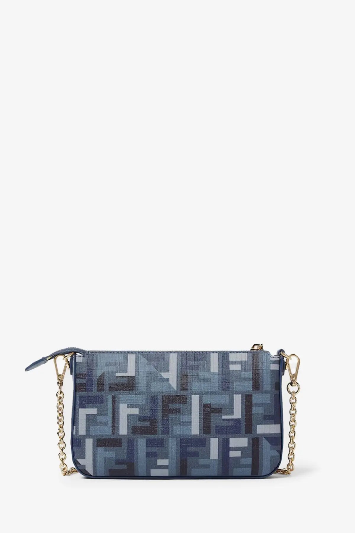 Blue fendi women’s pouch baguette shoulder bag with ff jacquard fabric and gold-tone chain strap