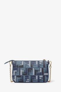 Blue fendi women’s pouch baguette shoulder bag with ff jacquard fabric and gold-tone chain strap
