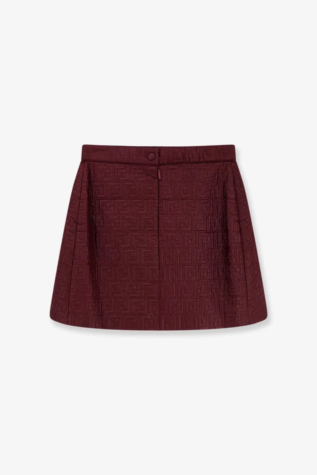 Burgundy Fendi women’s mini skirt in textured fabric with repeating FF logo pattern in quilted nylon material