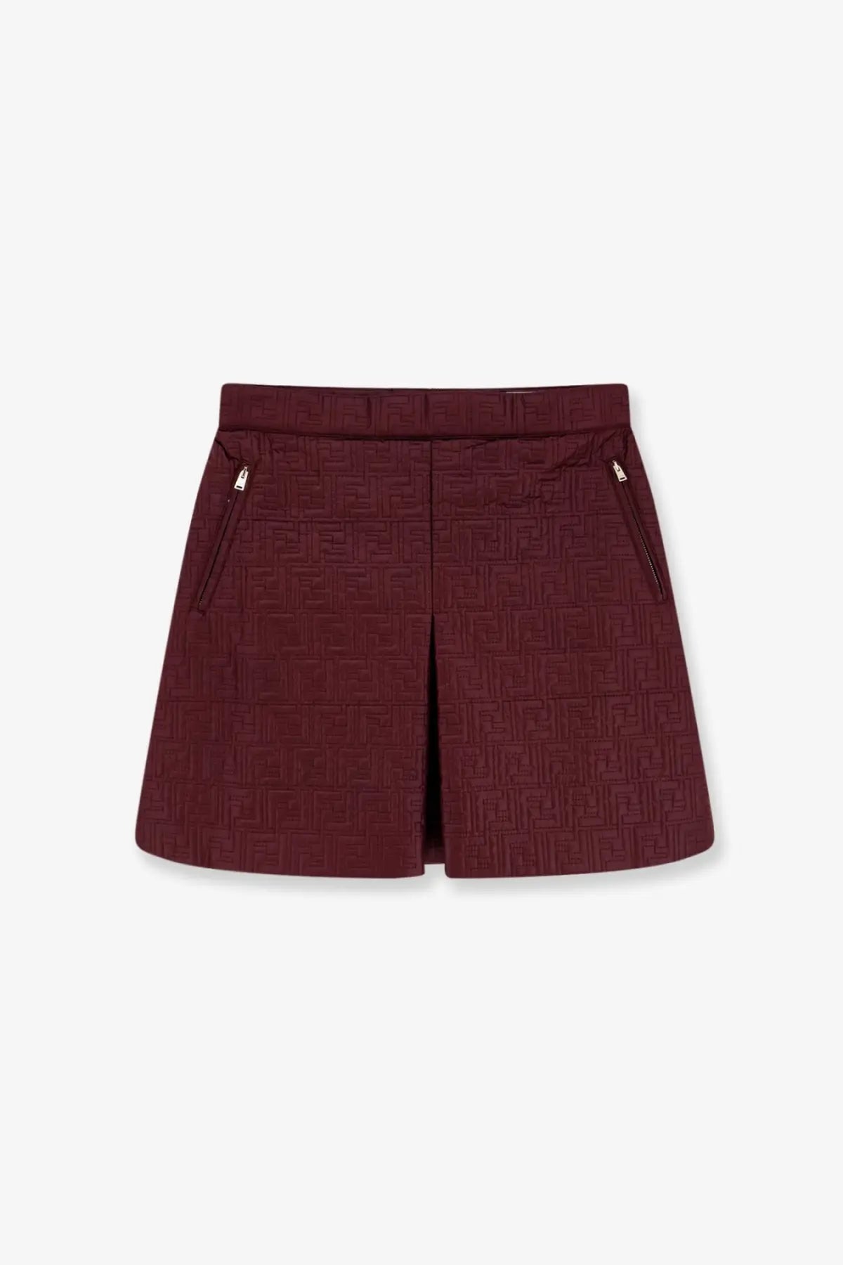 Burgundy Fendi women’s shorts with textured geometric pattern and side zippers in quilted nylon material