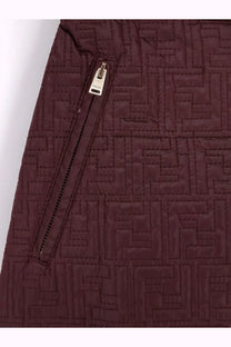 A maroon quilted fendi jacket featuring a repeating monogram pattern and a silver-toned zipper pull