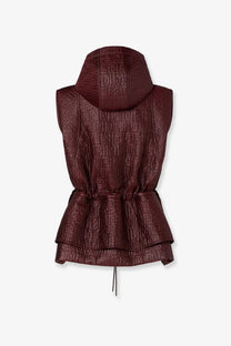 Fendi women’s quilted nylon vest in burgundy with monogram pattern hood and peplum hem