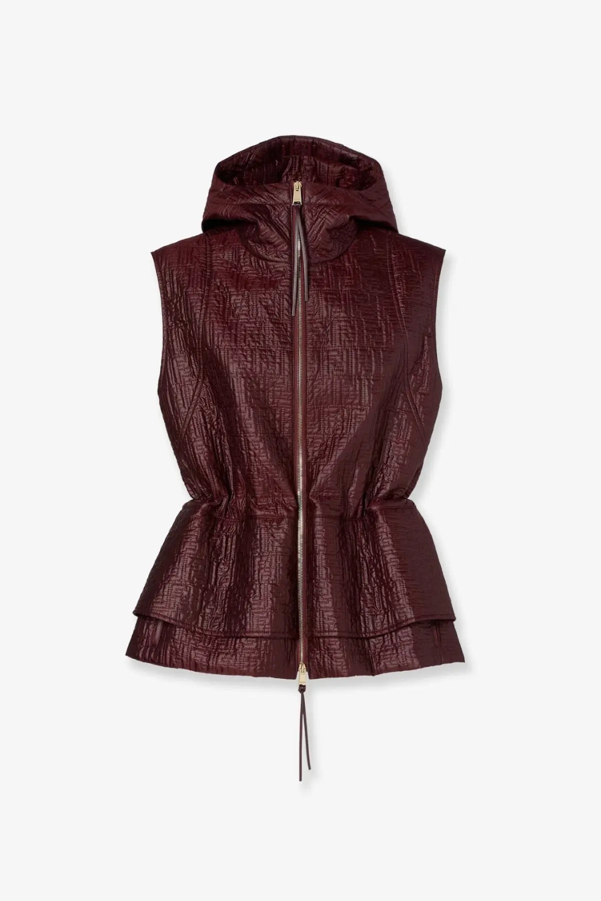 Fendi women’s maroon quilted faux leather hooded vest with peplum hem and gold tone zipper