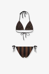Fendi women’s reversible brown and black striped bikini set with monogram pattern perfect for swimwear