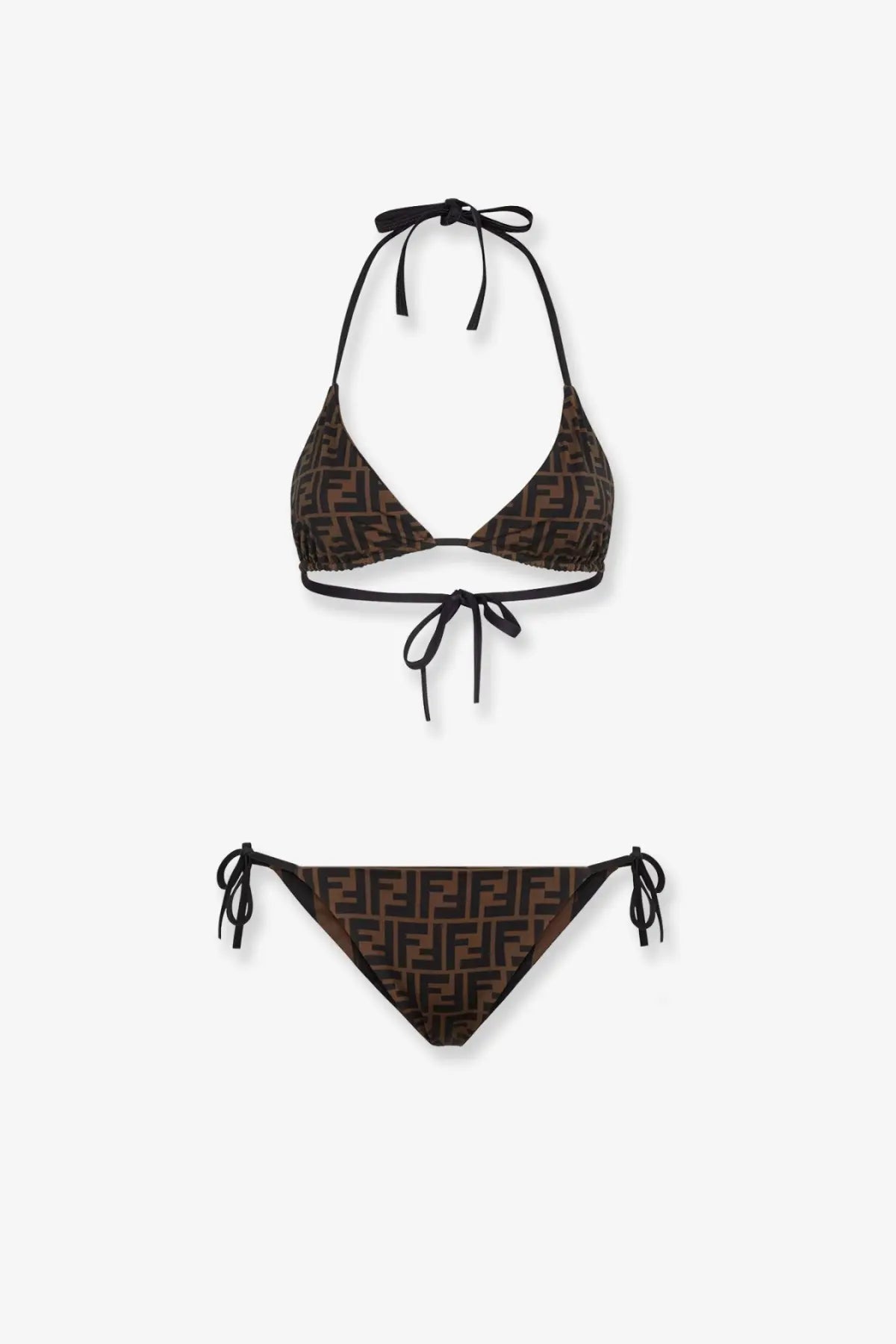 Fendi women’s reversible brown monogram halter top bikini set with black ties for stylish beachwear