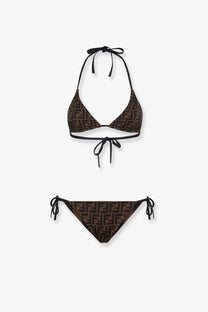 Fendi women’s reversible brown monogram halter top bikini set with black ties for stylish beachwear