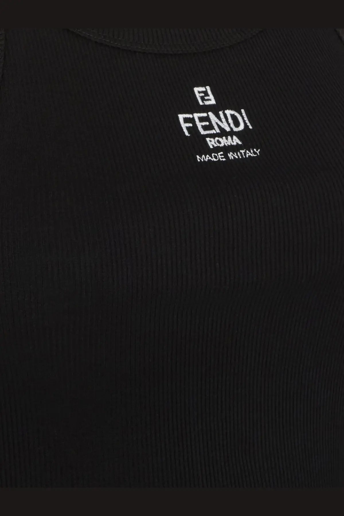 Fendi women’s black ribbed cotton tank top with white embroidered Fendi Roma logo and made in Italy text