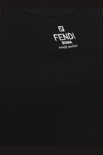 Fendi women’s black ribbed cotton tank top with white embroidered Fendi Roma logo and made in Italy text
