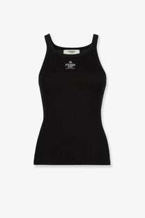 Fendi women’s black ribbed cotton tank top with white logo and made in Italy text on front