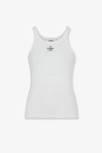 White fendi women’s ribbed cotton tank top with minimalist black logo detailing on front