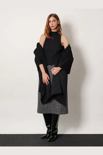 Black off-the-shoulder ribbed virgin wool top with subtle red logo on chest from Fendi womens collection