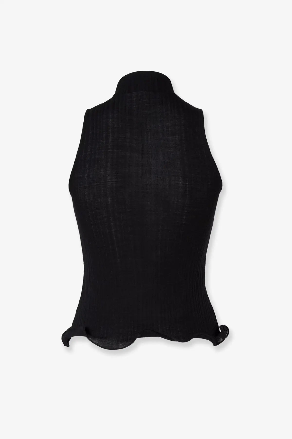 Fendi women’s black ribbed virgin wool sleeveless top with high neckline and slightly flared hem