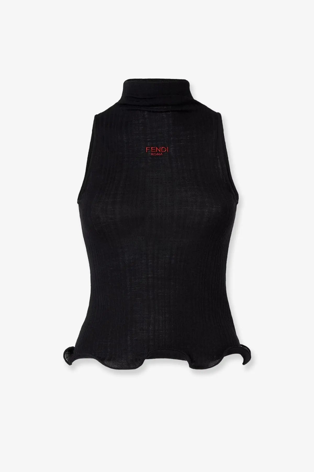 Fendi women’s black sleeveless ribbed virgin wool top with subtle textured knit and red embroidered logo center