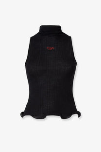 Fendi women’s black sleeveless ribbed virgin wool top with subtle textured knit and red embroidered logo center
