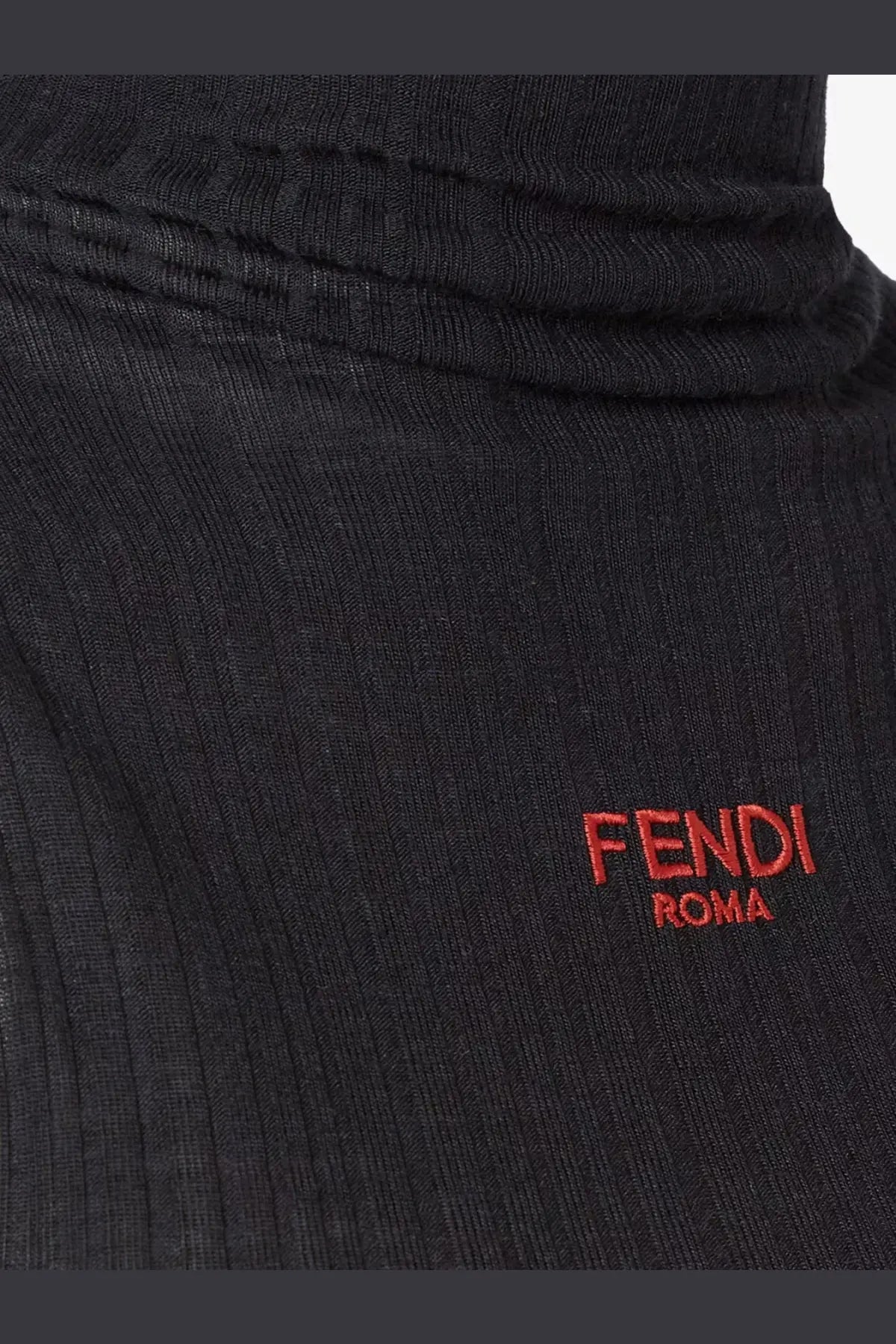 Fendi women’s black ribbed turtleneck virgin wool sweater with red embroidered Fendi Roma logo on the front