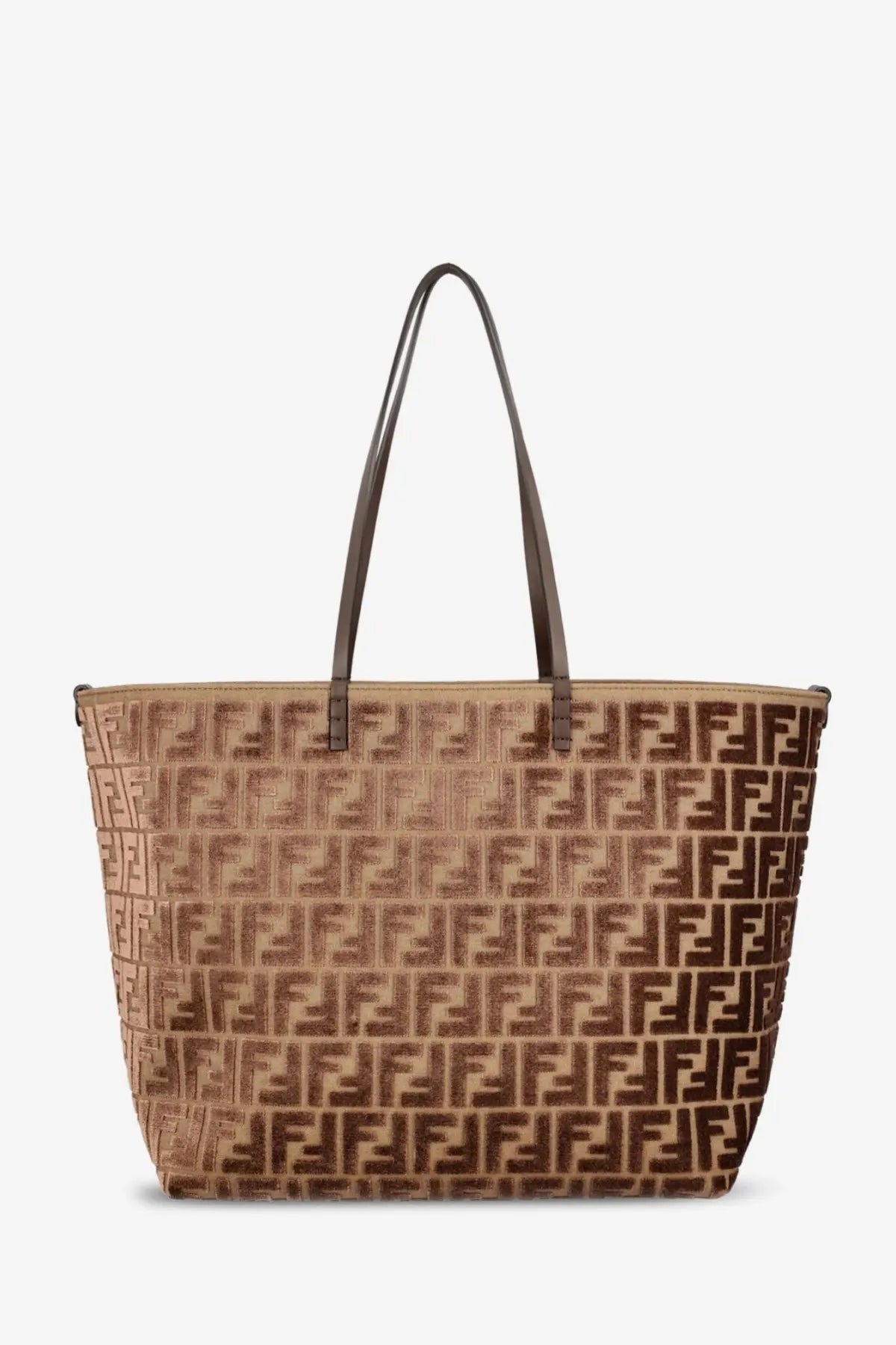 Beige and brown ff monogram canvas tote bag with dark brown leather handles by fendi for shopping use